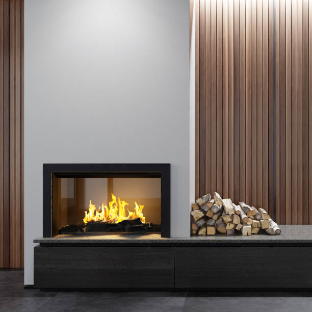 istock Modern minimalist apartment interior living room with fireplace 1273396121