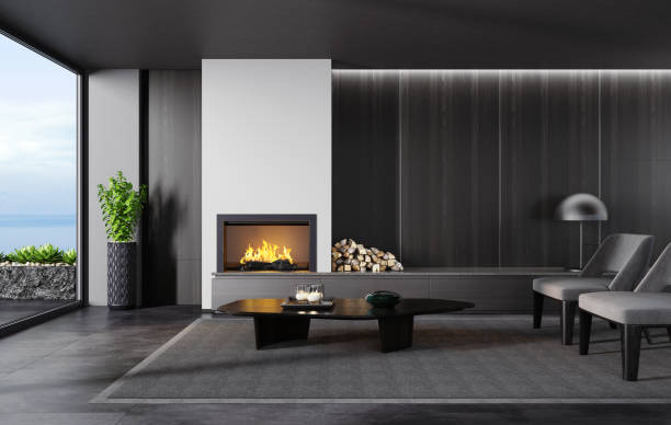 Modern minimalist apartment interior living room with fireplace
