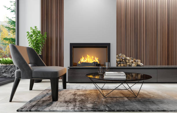 istock Modern minimalist apartment interior living room with fireplace 1273396146