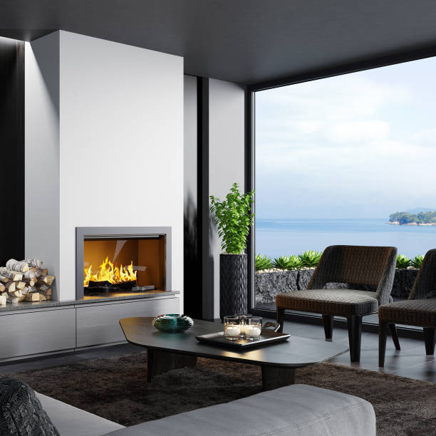istock Modern minimalist apartment interior living room with fireplace 1273396167