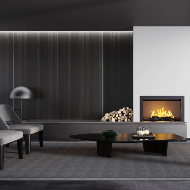 istock Modern minimalist apartment interior living room with fireplace 1273396186
