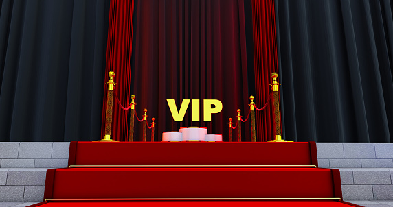 3d render of Red carpet on the stairs with golden vip word. The path to glory. Stairway go up. Business success. Red velvet carpet.