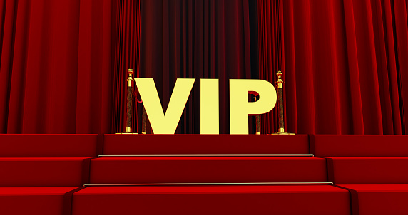 3d render of Red carpet on the stairs with golden vip word. The path to glory. Stairway go up. Business success. Red velvet carpet.