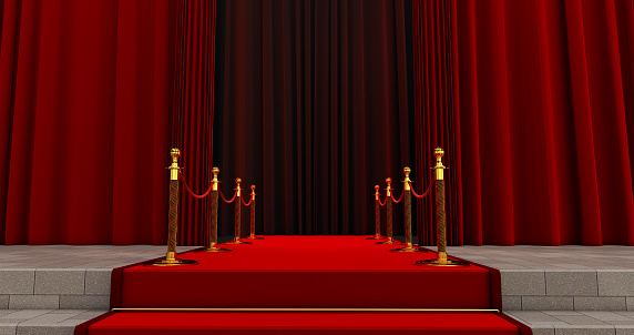 Long red carpet between rope barriers on entrance. Way to success on the red carpet. The path to glory. Stairway go up. 3D render
