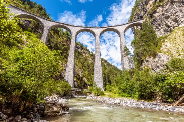 Landscape with Landwasser Viaduct in summer, Filisur, Switzerland. This place is landmark of Swiss Alps. Scenic view of high railroad bridge over mountain river. Scenery of old amazing Alpine railway