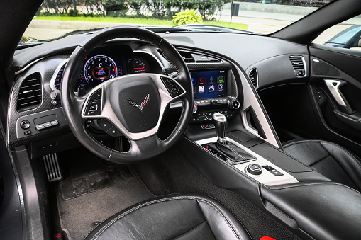 Moscow, Russia - August 14, 2020: Interior of the luxury supercar Chevrolet Corvette Stingray C7.
