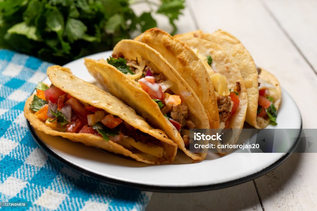 Mexican hard-shell tacos with meat and fresh sauce on white background Traditional mexican hard-shell tacos with meat and fresh sauce on white background Taco Stock Photo