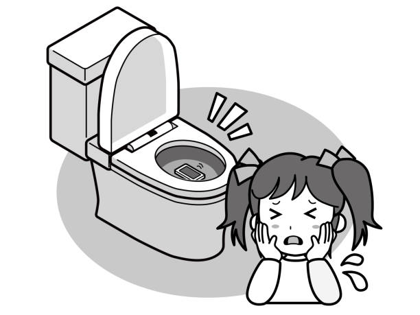 ilustraciones, imágenes clip art, dibujos animados e iconos de stock de una chica en problemas dejando caer su teléfono celular en un inodoro de estilo occidental - water drop