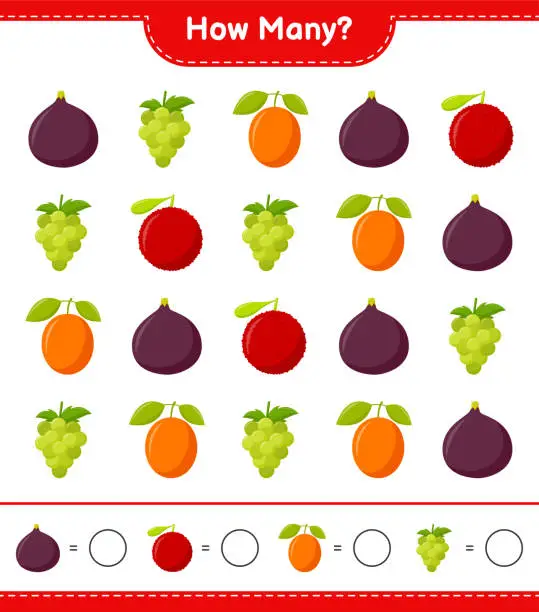 Vector illustration of Counting game, how many fruits educational children game, printable worksheet, vector illustration