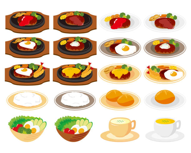 햄버거 스테이크와 계란 야채 샐러드의 벡터 그림. - fried egg lettuce vegetable lunch stock illustrations