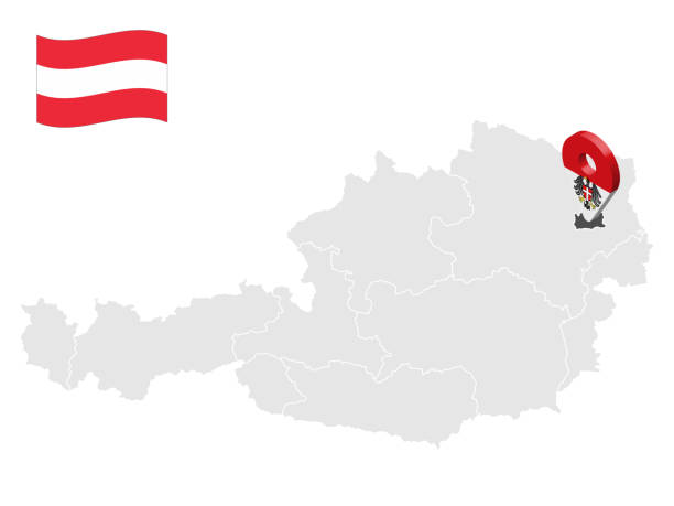 ilustrações de stock, clip art, desenhos animados e ícones de location of vienna on map austria. 3d location sign similar to the flag of vienna. quality map  with  states of  austria for your design. eps10. - austria vienna map horizontal