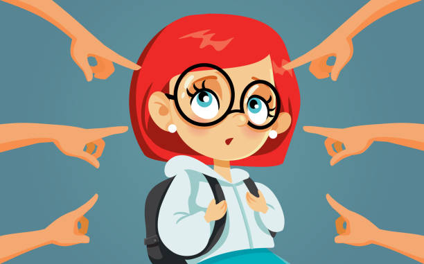 nieśmiała dziewczyna jest zastraszana przez mean classmates - bullying sneering rejection child stock illustrations