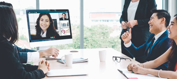 istock Video call group business people meeting on virtual workplace or remote office 1273437586