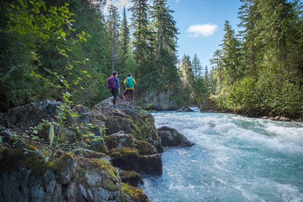 herbstwanderung, multi-ethnic sisters blick auf den fluss von rocky viewpoint - whistler britisch kolumbien stock-fotos und bilder