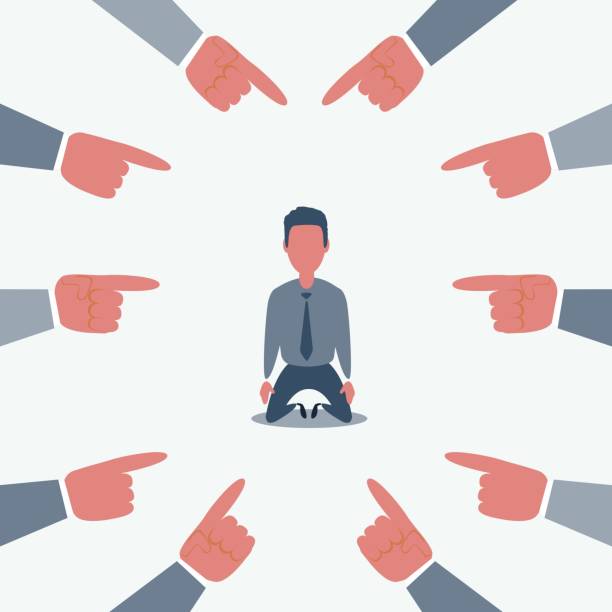 Plenty of crop hands fingers pointing at young man feeling guilty and being introvert. Man character on the knees Plenty of crop hands fingers pointing at young man feeling guilty and being introvert. Man character on the knees.Vector flat cartoon illustration humiliate stock illustrations
