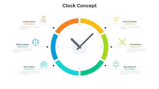 illustrations, cliparts, dessins animés et icônes de diagramme de visage d’horloge divisé en 6 parties. concept de six caractéristiques de l’organisation du temps, planification efficace des affaires. modèle de conception d’infographie simple. illustration vectorielle moderne pour la présentation. - face time