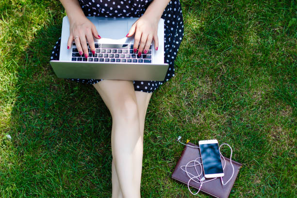 istock Woman laptop sit grass 1273445969