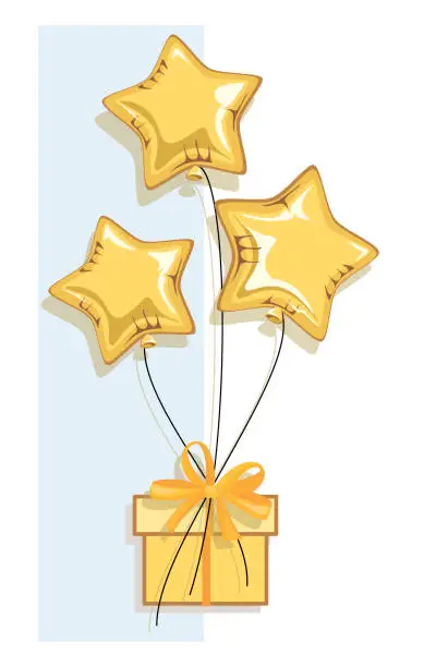 Vector illustration of Present. Golden stars balloons. Falling gift box. Greeting card. Festive party. Celebrating birthday