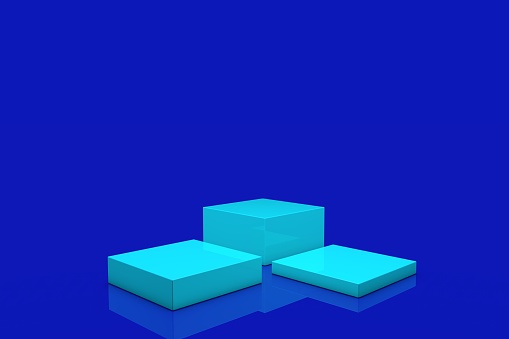3D Turquoise Cube Stands On Blue Background, Product Stand, Blank Scene
