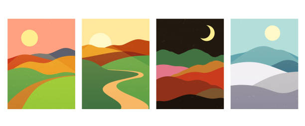 Mountains hills with sunset, sunrise, night. Abstract minimalistic landscape nature backgrounds in scandinavian style. Mountains hills with sunset, sunrise, night. Abstract minimalistic landscape nature backgrounds in scandinavian style. terra stock illustrations