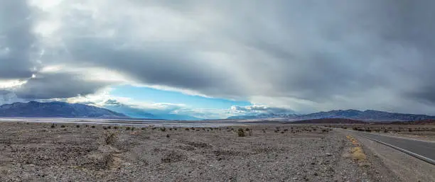 panorama of death valley desert with spectacular sky