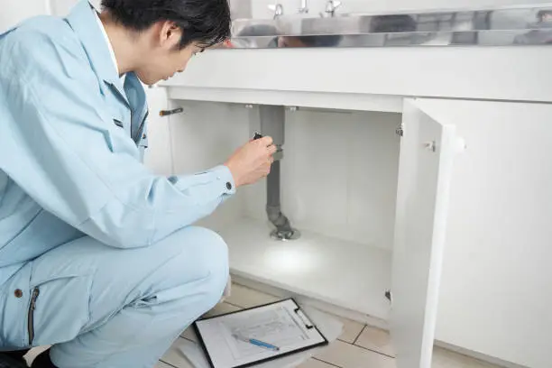 A Japanese male worker checks the plumbing