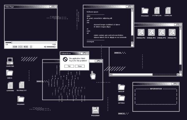 1 bit retro user interface with video player, dialog box with system information and open folder with images 1 bit retro user interface with video player, dialog box with system information and open folder with images. Operating system with application failure. Retro error message pop up vector illustration windows folder icon stock illustrations