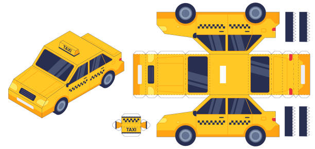 Ilustración de Papel Del Taxi Cortar Juguete Hoja De Trabajo Con Elementos  De Rompecabezas De Juego Manualidades Para Niños Para Regalo De Cumpleaños  Corte Y Pegue Papel Auto 3d Modelo Vector Set