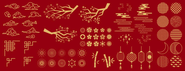 ilustrações, clipart, desenhos animados e ícones de elementos asiáticos. decoração festiva chinesa padrões florais de ouro e ornamento, lanternas, nuvens e lua, flores sakura ramo oriental conjunto vetor - cultura da ásia oriental