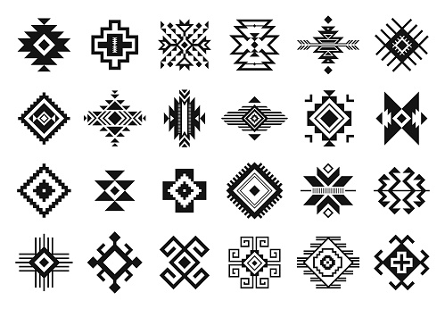 Tribal elements. Monochrome geometric american indian patterns, navajo and aztec, ethnic ornament for textile decorative ornament vector set. Black cultural national symbols, art decoration