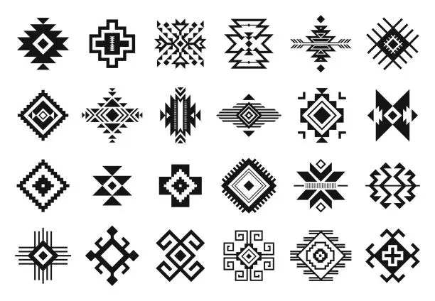 Vector illustration of Tribal elements. Monochrome geometric american indian patterns, navajo and aztec, ethnic ornament for textile decorative ornament vector set