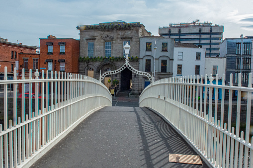 An empty Ha'penny Bridge in Dublin City centre, during Covid 19 global pandemic, Dublin, Ireland.