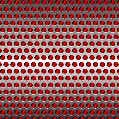 Slim oval holes in metal surface, mesh. Red glowing background.