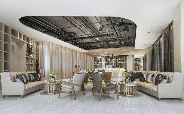 istock 3d renering elegant lounge lobby area with counter and shelf 1273462268