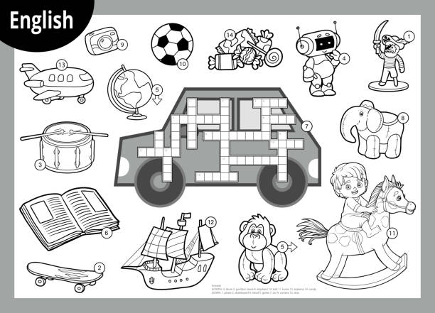 Vector black and white crossword in English. Cartoon set of toys and items for boys Vector black and white crossword in English, education game for children. Cartoon set of toys and items for boys crossword puzzle drawing stock illustrations