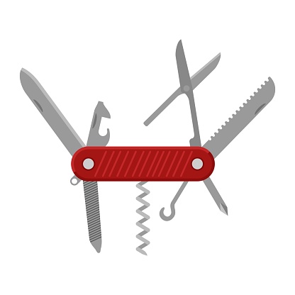 Swiss Army knife pocketknife or multi-tool isolated on white background. Knife has a main spearpoint blade, screwdrivers, a can opener, corkscrew, scissors and various tools. Vector illustration