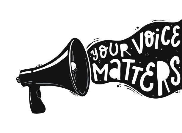 creative hand lettering quote 'Your voice matters' typography motivational quote and hand drawn megaphone / loud speaker for prints, posters, banners, cards, etc. Elections, polls decor. EPS 10 voice stock illustrations