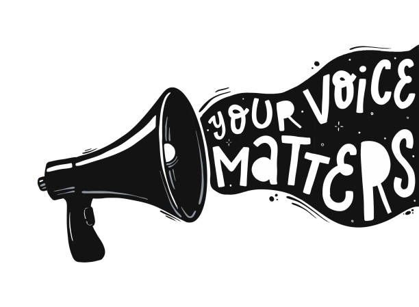 creative hand lettering quote 'Your voice matters' typography motivational quote and hand drawn megaphone / loud speaker for prints, posters, banners, cards, etc. Elections, polls decor. EPS 10 social listening stock illustrations