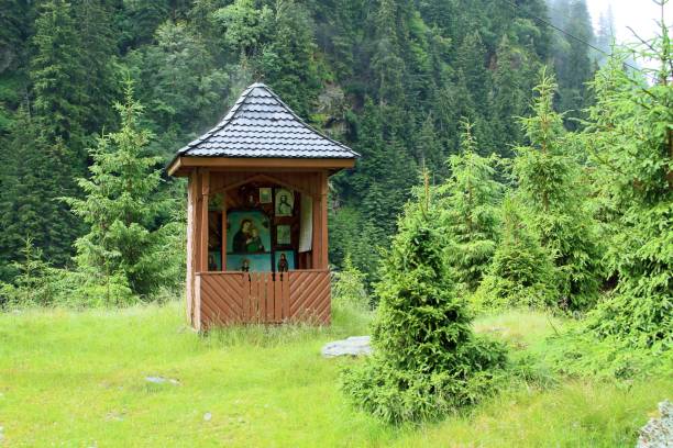 Arefu/Romania; 06/29/2018. A small Orthodox chapel next to the Transfagarasan road on the way up to Lake Balea (Arges district).