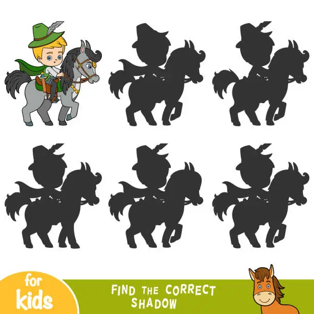 Vector illustration of Find the correct shadow, game for children, Prince on horse