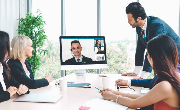 istock Video call group business people meeting on virtual workplace or remote office 1273464531