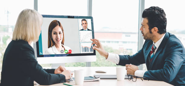 istock Video call group business people meeting on virtual workplace or remote office 1273464640