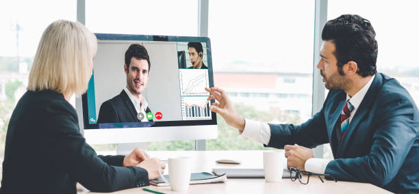 istock Video call group business people meeting on virtual workplace or remote office 1273464668