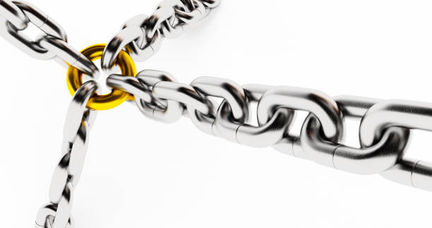 istock Steel chains connected by one link. Metal chain links isolated on white background . 3D rendering 1273464892