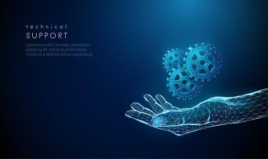 Abstract giving hand with cogwheels. Low poly style design. Blue blood donor day concept. Modern 3d graphic geometric background. Wireframe light connection structure. Isolated vector illustration