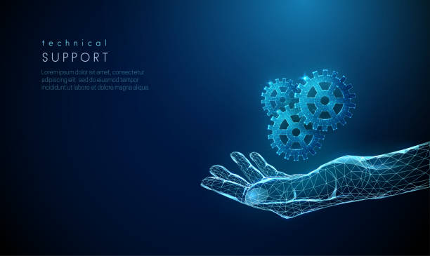 Low poly abstract giving hand with cogwheels. Abstract giving hand with cogwheels. Low poly style design. Blue blood donor day concept. Modern 3d graphic geometric background. Wireframe light connection structure. Isolated vector illustration computer programmer illustrations stock illustrations