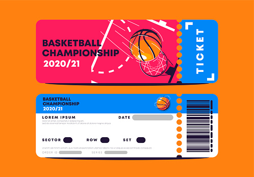 Vector illustration of the entrance ticket template for a basketball game for the season, a basketball ball flies to the basket, top view