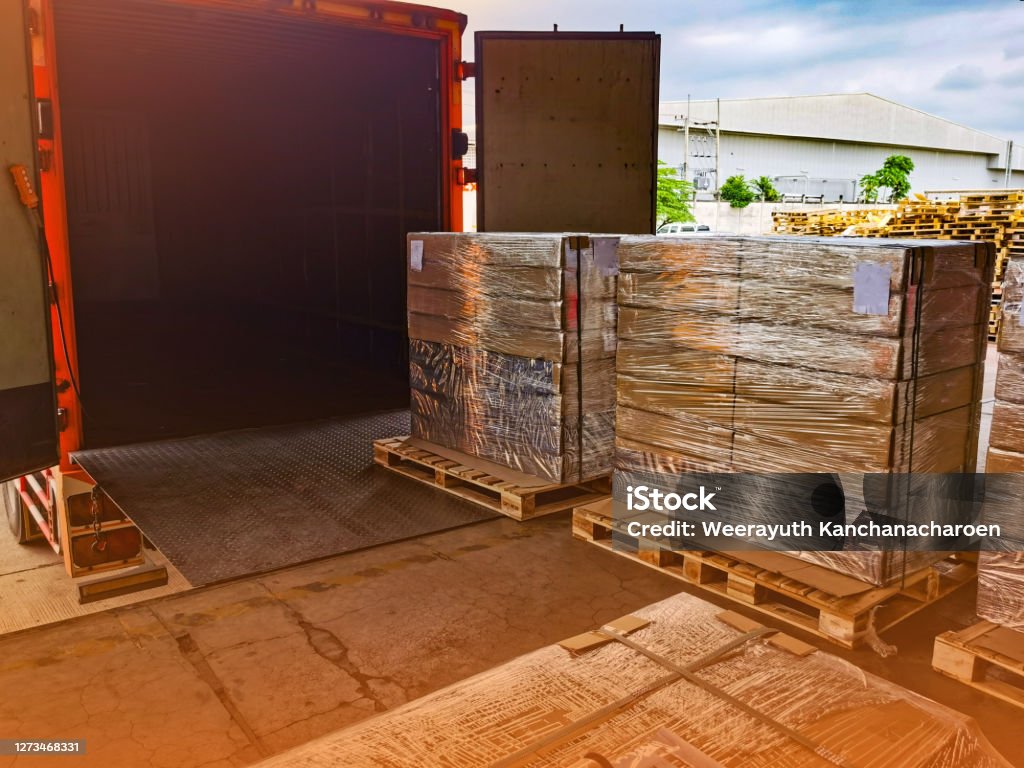 Loading Cartons Worker Driving Forklift Loading Shipment Carton Boxes Goods On Wooden ...