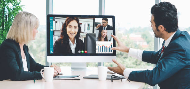 istock Video call group business people meeting on virtual workplace or remote office 1273472808