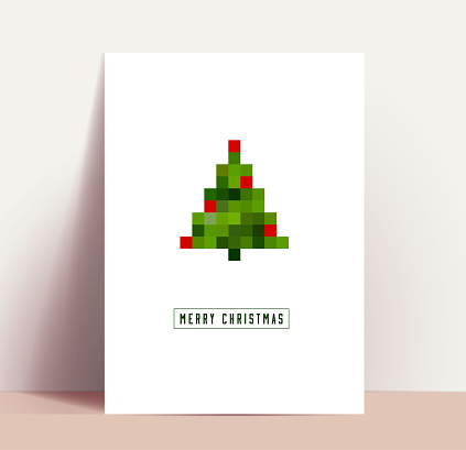 Minimalistic clean modern Christmas poster or card or flyer design template with pixel art Christmas Tree silhouette and Merry Christmas lettering. Vector eps 10 illustration